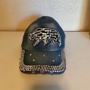 Jeweled denim bear hat.